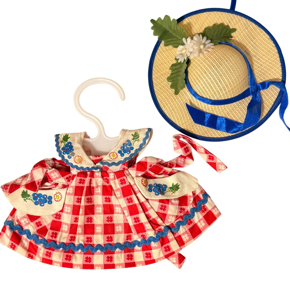 Vanderbear Red Gingham Doll Dress and Straw Hat Set Floral Embroidery Ric-Rac
